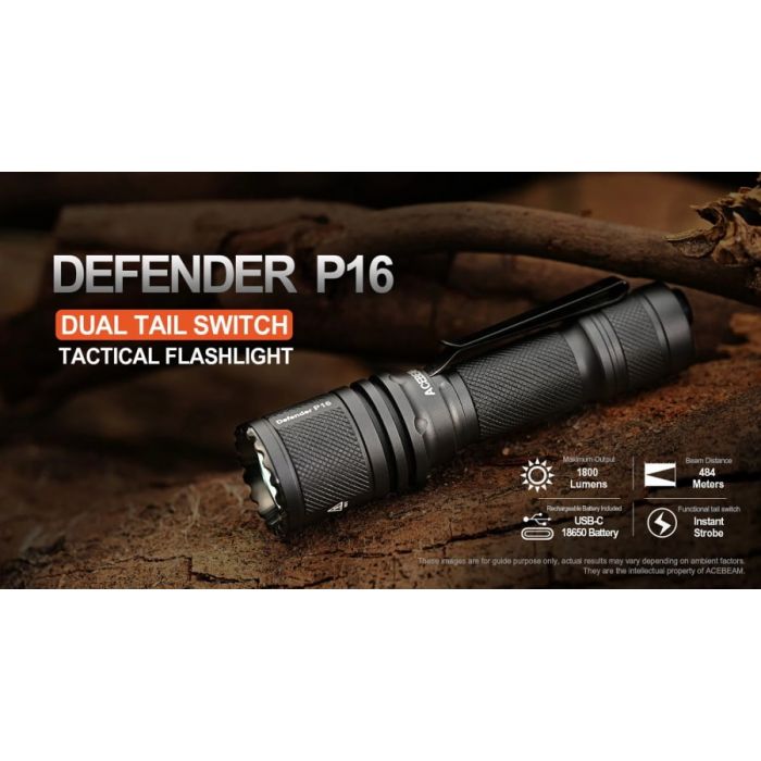 Acebeam P16 Defender Dual Tail Switch Flashlight - 1800 Lumens, Black