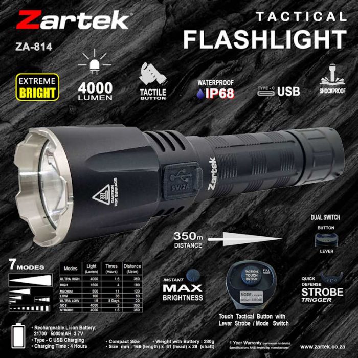 Zartek High Bright Tactical Flashlight 4000 Lumen