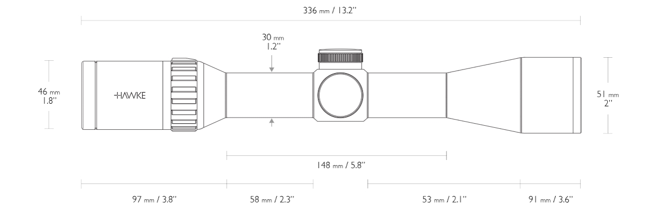 Hawke Endurance 30 WA 1.5-6X44mm IR Riflescope - dimensions
